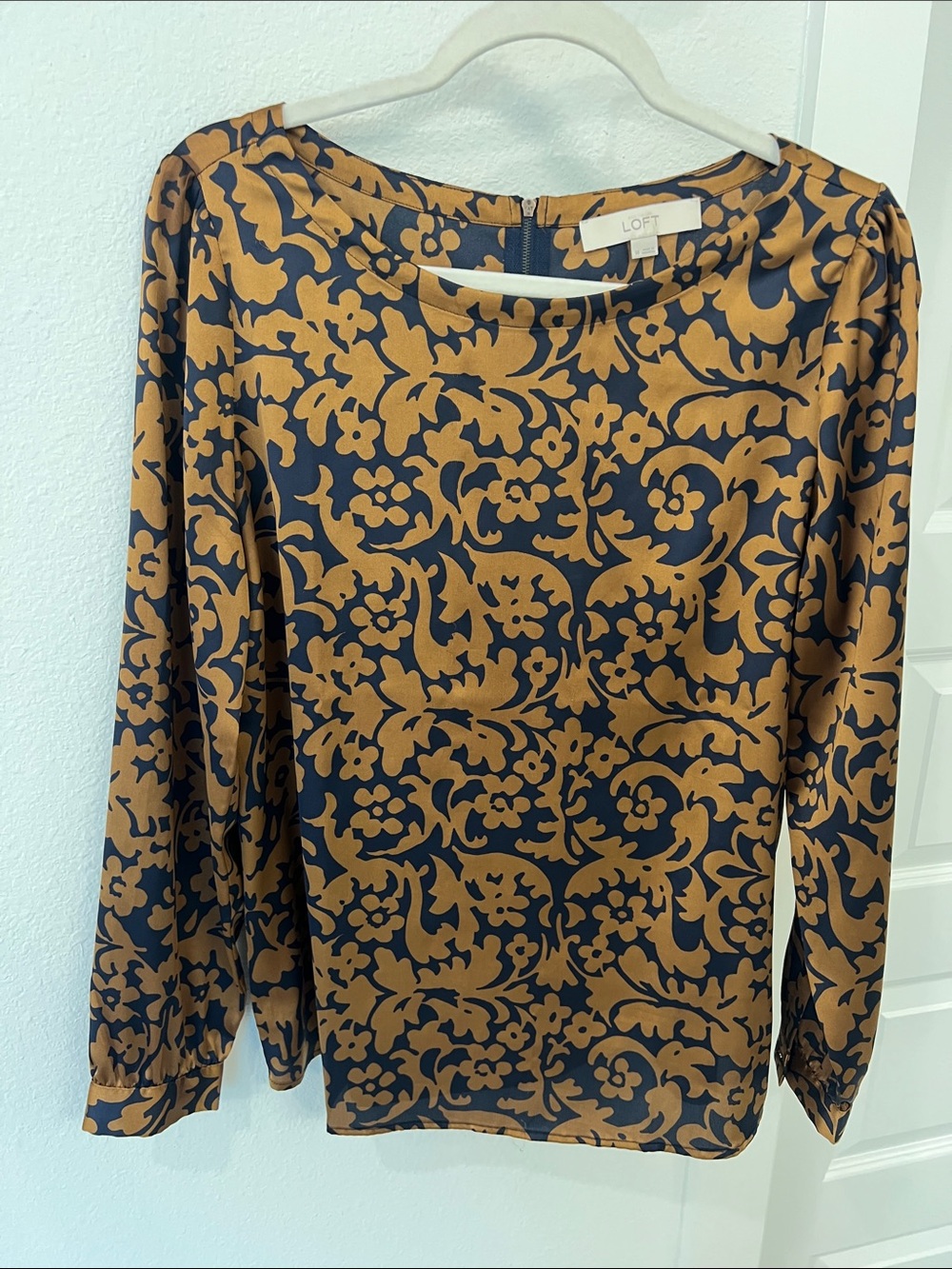 LOFT Navy and Camel Floral-Print Long Sleeve Blouse